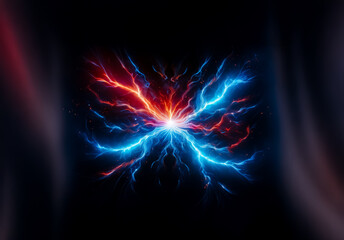 Obraz premium A burst of vibrant energy emanates from a central point, with streams of red and blue light radiating outwards on a dark backdrop, creating a dynamic visual effect.