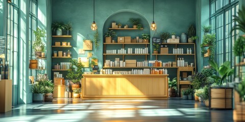 Serene Botanical Shop: A sunlit haven of natural beauty products and lush greenery.