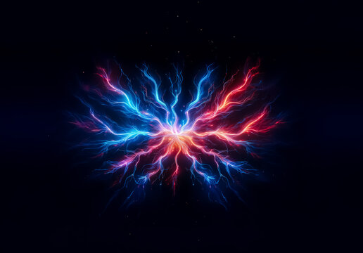 Vivid red and blue energy radiates from a central point in darkness. Electric streams branch outwards in a dynamic, abstract and colorful display.