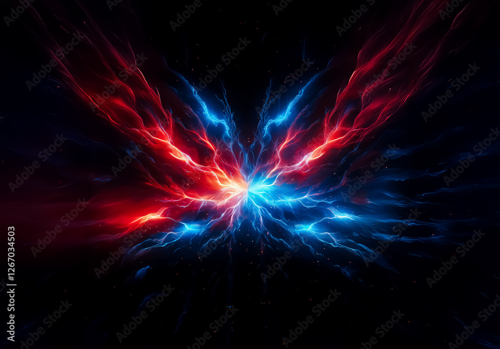 Aufkleber Abstract image of opposing red and blue energy forces colliding in the center against a dark backdrop, creating a dynamic and symmetrical visual effect.