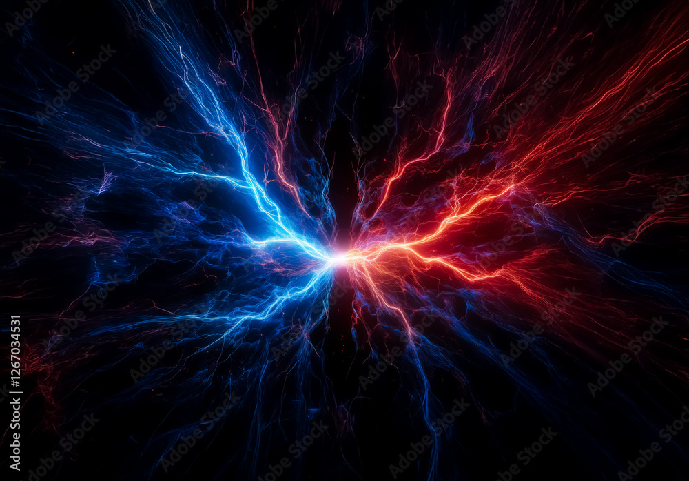 Aufkleber vibrant energy streams of red and blue lightning clash and converge in a dark expanse, illustrating 