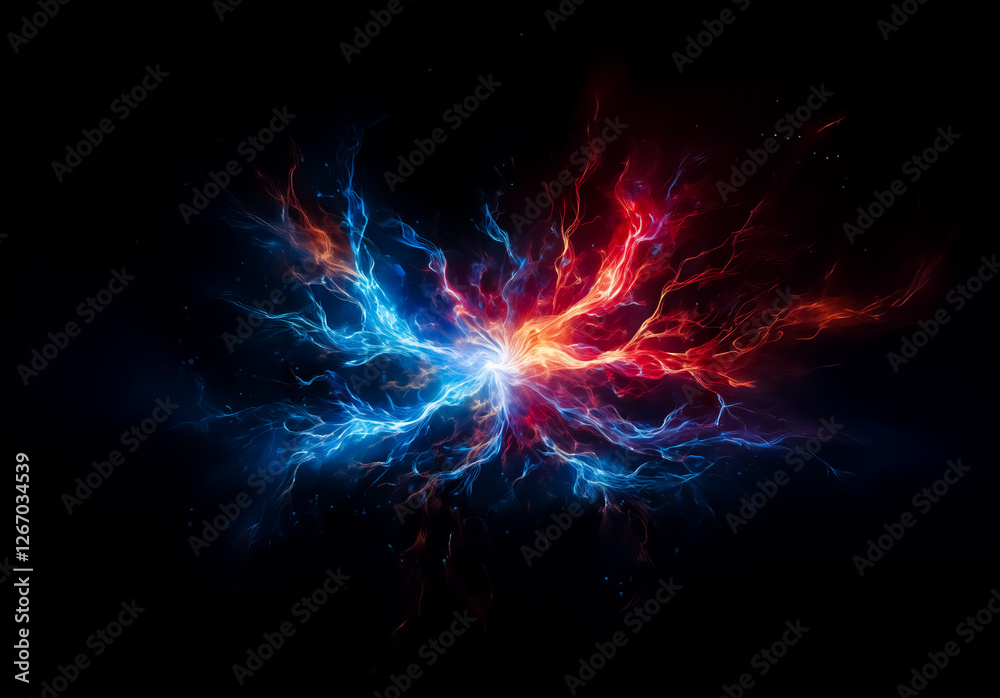 Poster vibrant cosmic cloud in space with striking blue and red hues against a dark backdrop. an abstract r
