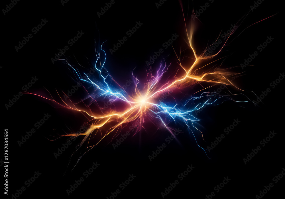 Aufkleber Vibrant electric streaks emanate from a central point, creating a dynamic burst of energy against the dark backdrop. Colorful lightning effect.