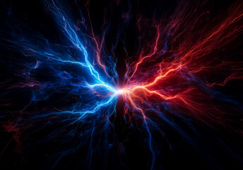 Vibrant energy streams of red and blue lightning clash and converge in a dark expanse, illustrating a powerful and dynamic force of nature.