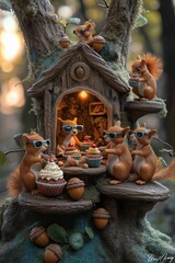 Squirrels wearing sunglasses enjoying cupcakes in treehouse at sunset