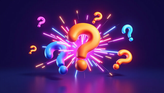 Colorful pop-up quiz game 3D Question Marks, ? with Neon Light and riddle