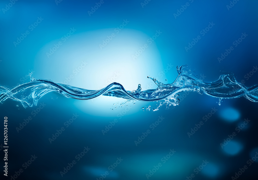 Poster A dynamic splash of water in shades of blue creates an abstract wave effect against a gradient background. The motion of the liquid is captured in detail with droplets and curves.