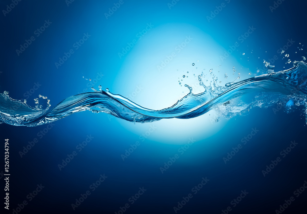 Aufkleber Clear water wave with splashes against a gradient blue backdrop, showcasing liquid motion in a dynamic, refreshing and abstract image.