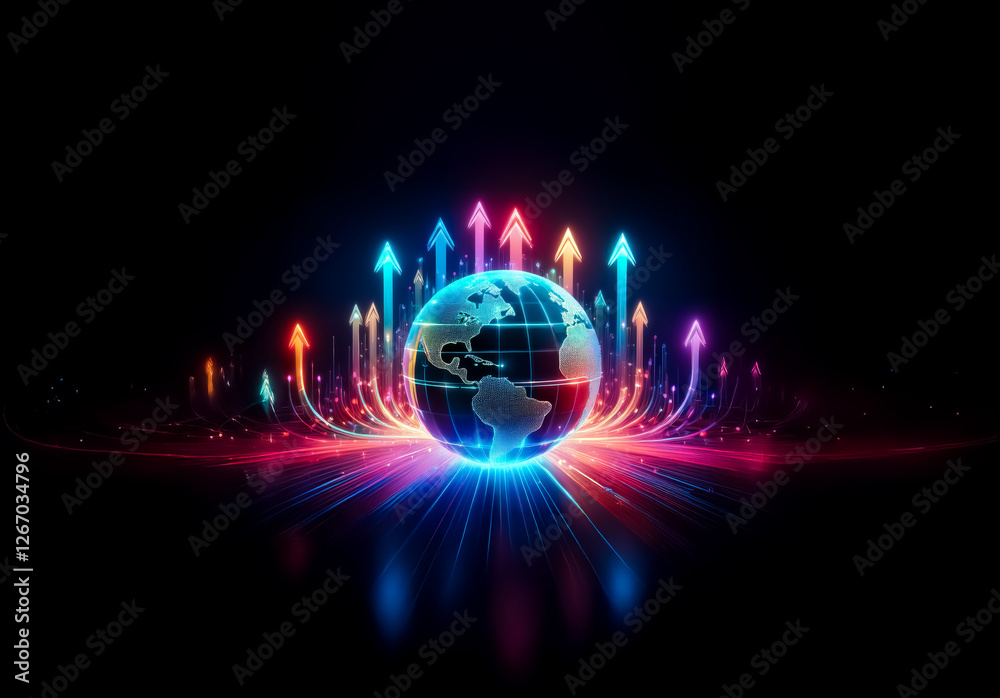 Poster Illuminated globe with vibrant arrows pointing upwards against a dark backdrop. Neon lights emanate, symbolizing global growth and futuristic direction.