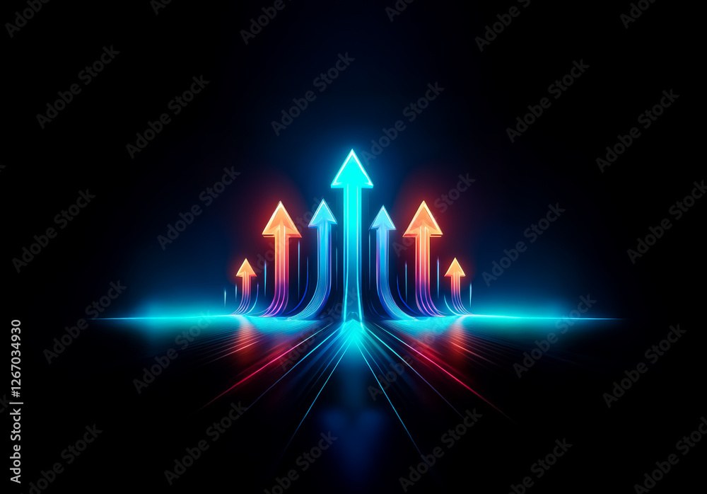 Poster dynamic upward neon arrows glow in blue and red against a dark backdrop. the arrows convey growth, d