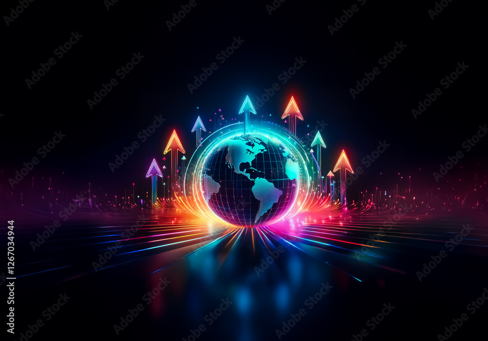 Aufkleber vibrant, illuminated globe with neon arrows rising, symbolizing growth and progress in a futuristic 