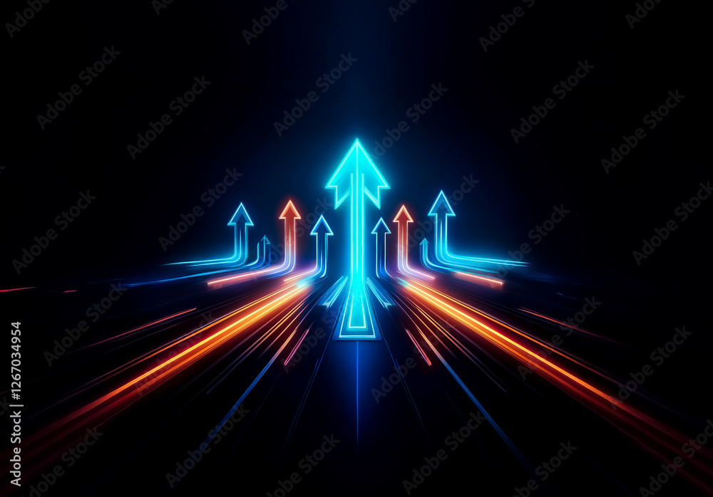Poster neon blue arrow pointing upward surrounded by orange arrows with motion trails on a black background