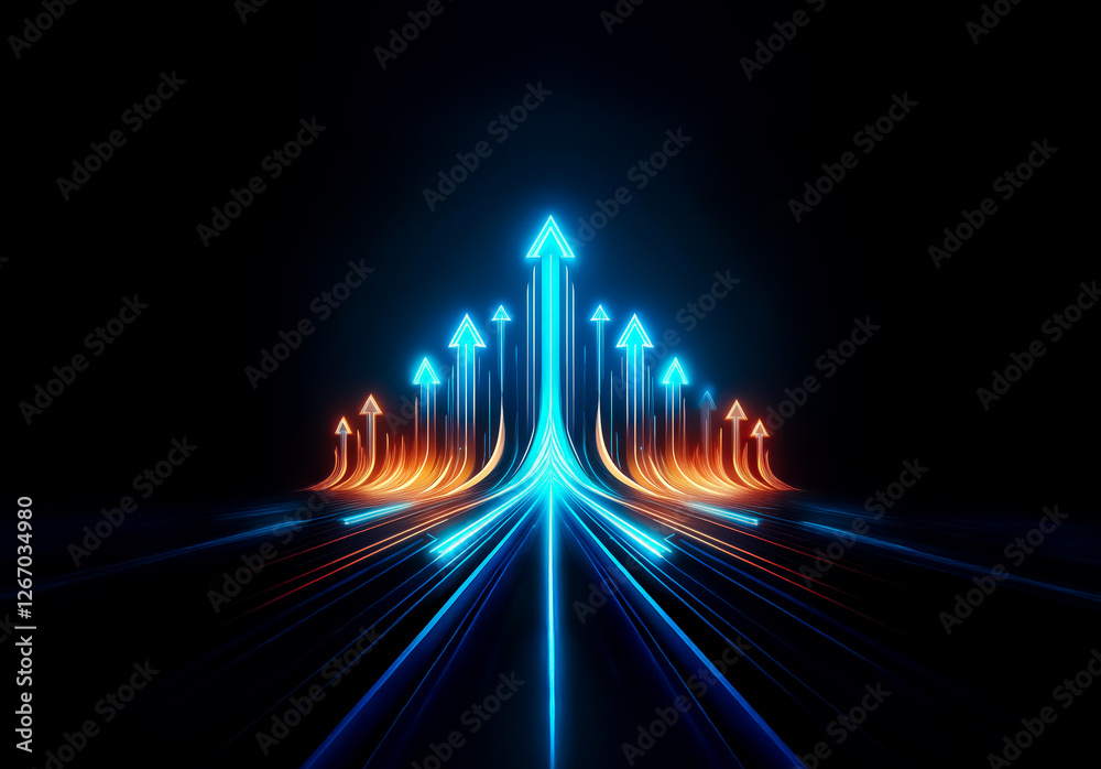 Leinwandbilder glowing arrows ascend against a black backdrop. blue and orange light trails converge, creating pers
