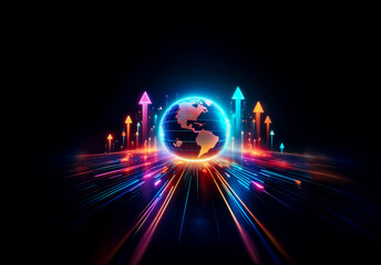 A glowing globe with upward arrows and light trails against a dark background conveys motion and progress in a vibrant, digital style.