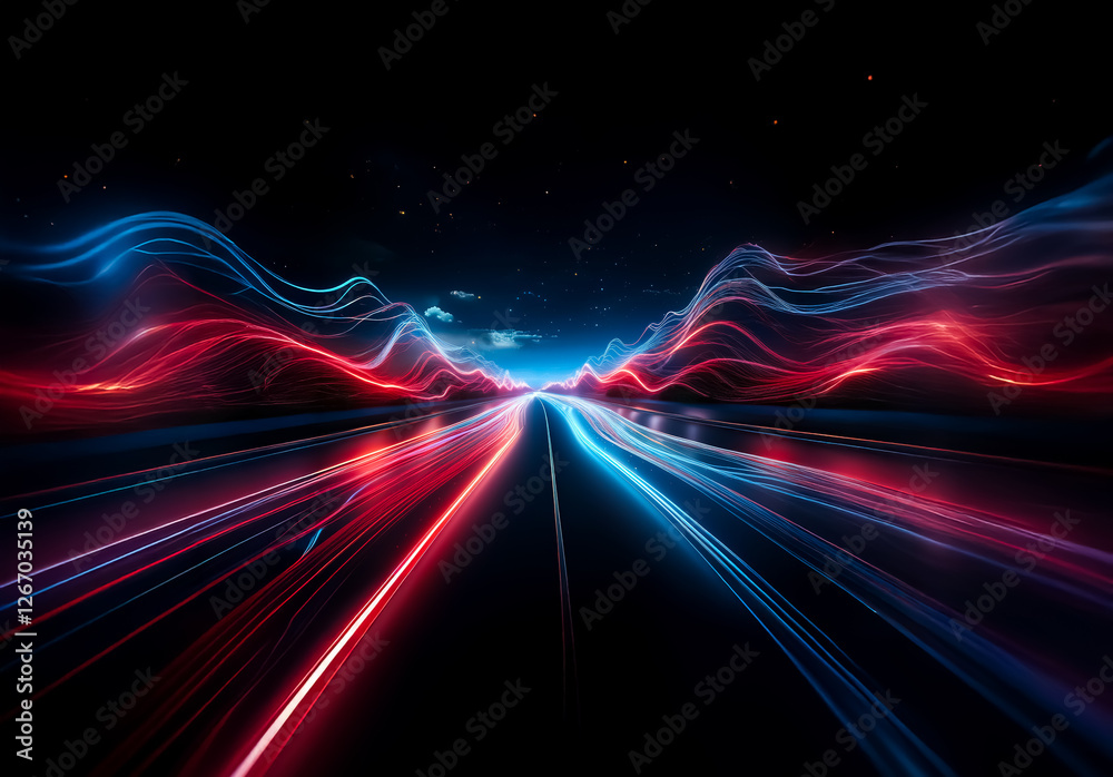 Poster abstract landscape with vibrant red and blue light trails creating a sense of speed and futuristic m