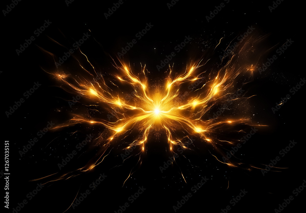 Poster Golden burst radiates outwards from a central point, creating a dynamic explosion of energy against a dark backdrop.