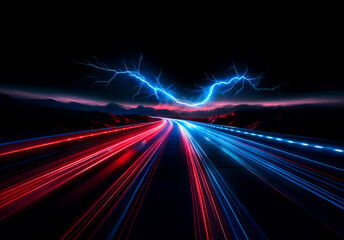 Fast motion on a dark highway at night is captured with red and blue light trails streaking towards a horizon with a vivid lightning storm.