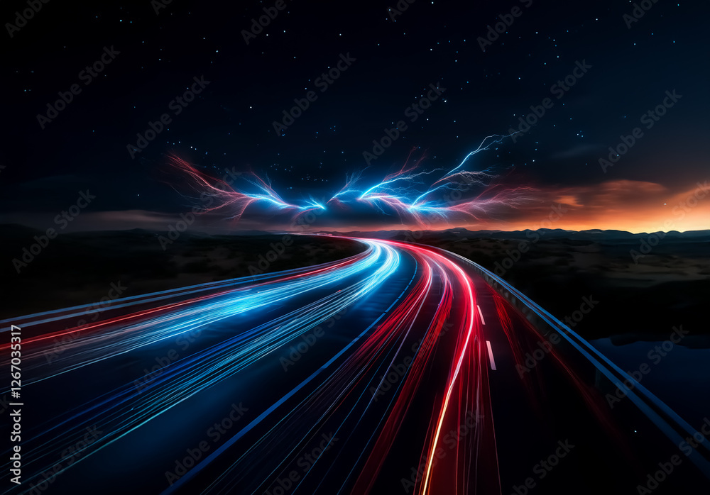 Aufkleber a vibrant road at night, illuminated by streaks of red and blue light trails under a starry sky with