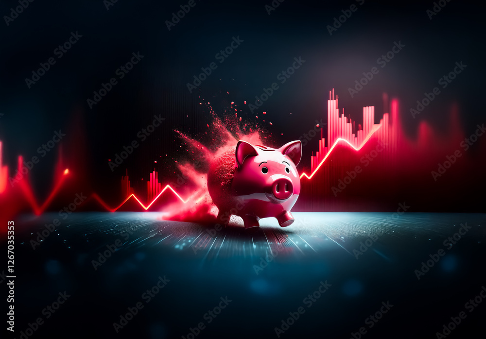 Poster a pink piggy bank is positioned against a dark backdrop illuminated by a vibrant red financial graph