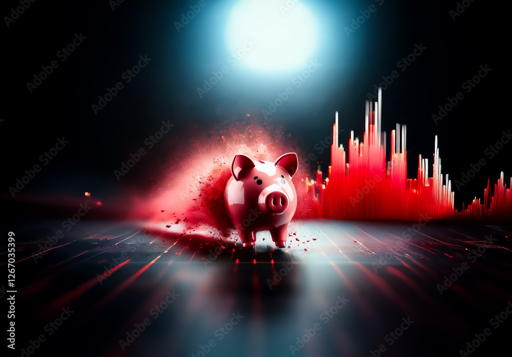 Poster Piggy bank with red particles surrounding it stands against a dark backdrop with a bright light and red graph silhouette. Depicts financial concept with potential risk or volatility.
