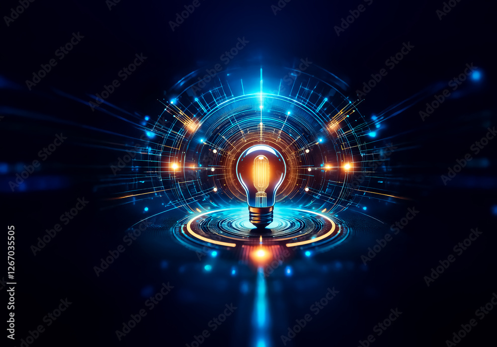 Aufkleber a glowing lightbulb emits bright light, surrounded by vibrant blue and orange circles and lines, cre