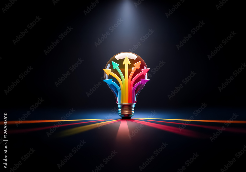 Poster a lightbulb filled with vibrant arrows pointing upwards, illuminated against a dark backdrop, symbol