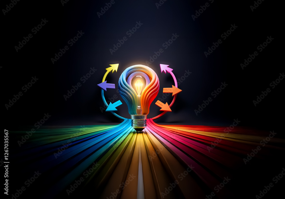 Poster colorful layered lightbulb with arrows circling, radiating vibrant rays on a dark background, symbol