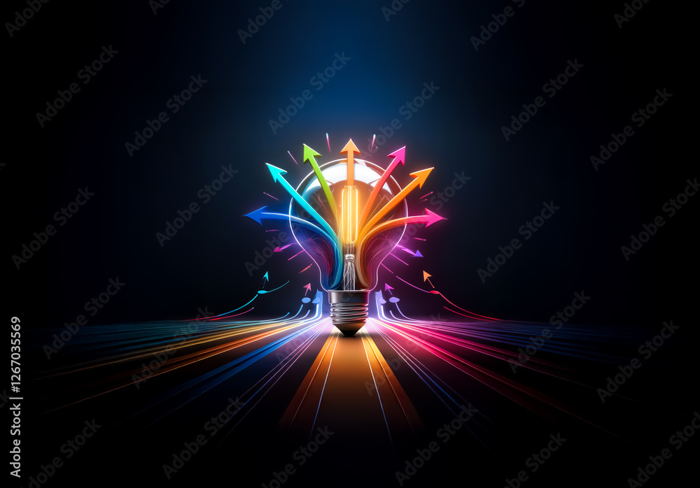 Aufkleber a vibrant lightbulb emits colorful arrows against a dark background, representing ideas spreading in