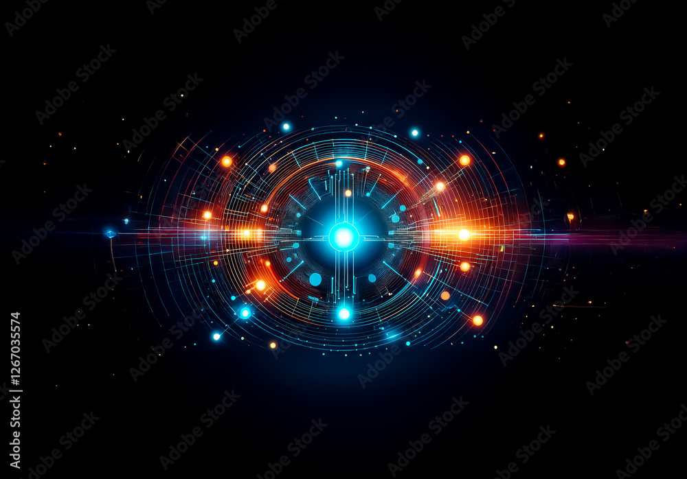 Aufkleber Abstract futuristic circular design with glowing blue and orange lights on a black backdrop. Technological and modern, dynamic energy.