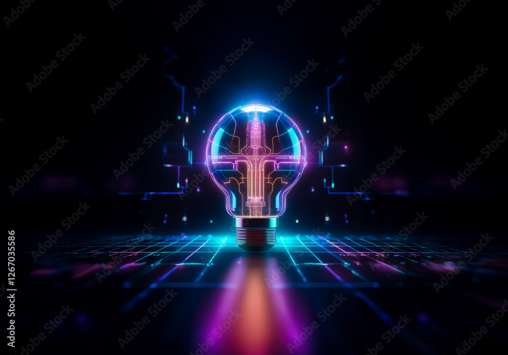 Leinwandbilder futuristic glowing neon light bulb with circuit board pattern inside, surrounded by glowing circuit 