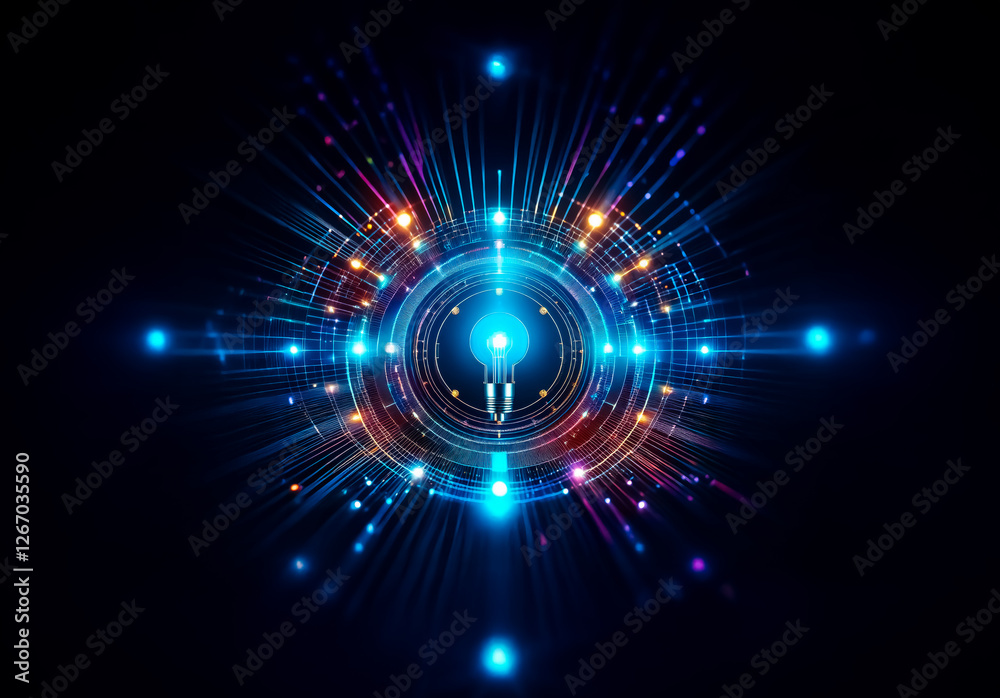 Poster a vibrant digital artwork bursts with radiant blue and orange lights, creating a mesmerizing circula