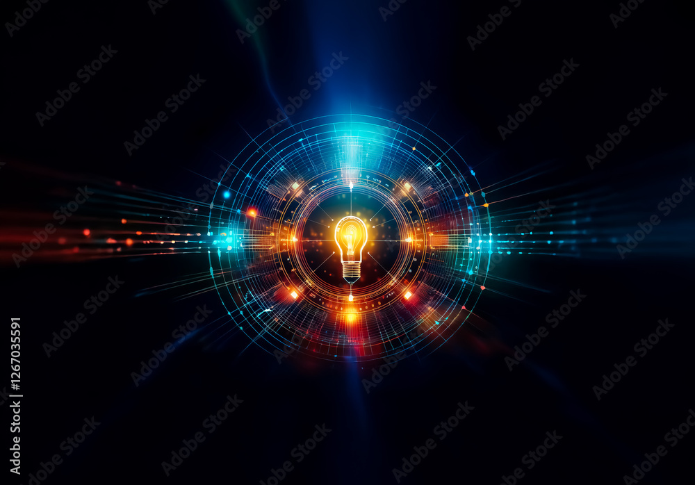 Aufkleber Glowing light bulb at center of abstract circular design on dark backdrop. Light rays radiate outwards, conveying energy, innovation, and futuristic tech.