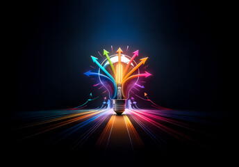 A vibrant lightbulb emits colorful arrows against a dark background, representing ideas spreading in different directions, symbolizing innovation and creativity.