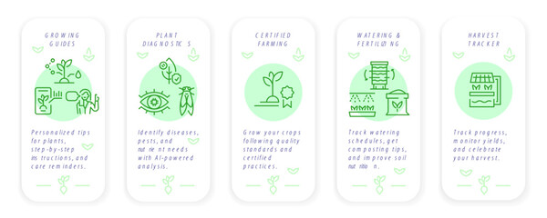 Urban farming icons. Set of 5 icons. Growing guide, certified farming, watering, fertilizing, harvest, Seedling, vertical farming. Infographic for mobile app, presentation. Vector illustration.