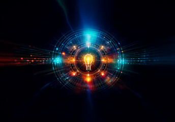 Glowing light bulb at center of abstract circular design on dark backdrop. Light rays radiate outwards, conveying energy, innovation, and futuristic tech.
