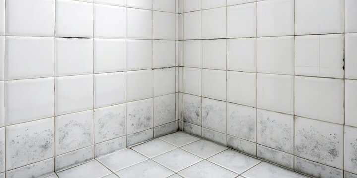 A corner of a tiled wall showing significant mold and mildew growth near the floor