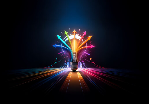 A vibrant lightbulb emits colorful arrows against a dark background, representing ideas spreading in different directions, symbolizing innovation and creativity.