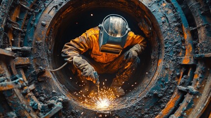 Welder repairing a large metal pipe inside a confined space, sparks flying.