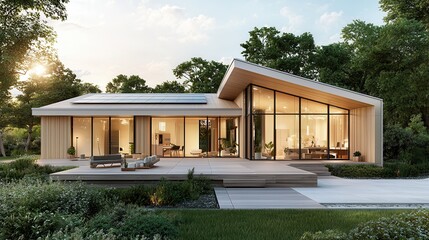 Fototapeta premium sustainable architecture passive design Modern wooden house surrounded by greenery and natural light.
