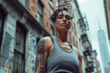 Fototapeta premium Muscular Woman in Sportswear Standing Proudly on City Street Expressing Feminist Strength and Individuality on Women's Day