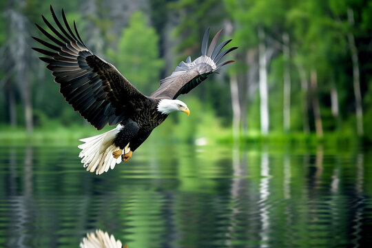 A bald eagle swooping down towards a lake.