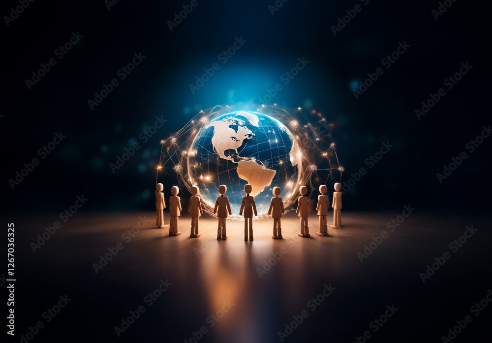 Aufkleber Glowing globe encircled by figures in dim space, symbolizing worldwide network and digital connection. Represents global teamwork and technology.