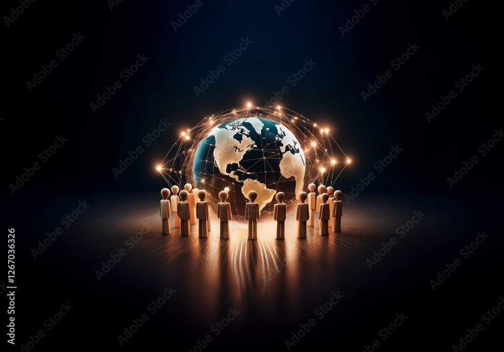 Poster A group of stylized figures encircles a glowing globe, connected by illuminated lines, against a dark backdrop, symbolizing global network and unity.