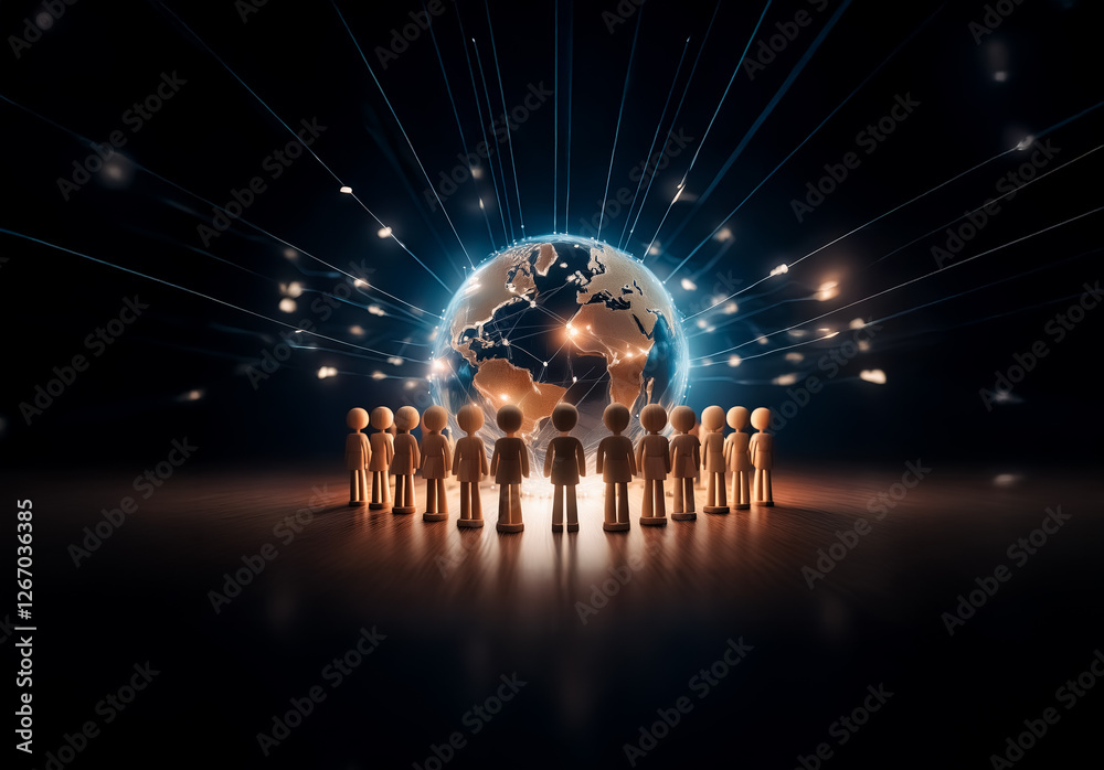 Leinwandbilder figures encircle a glowing globe, symbolizing global connection and communication. light rays extend