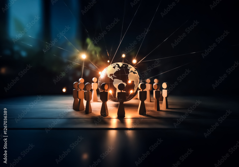 Aufkleber a global network depicted by wooden figures encircling a glowing globe. rays of light connect the wo