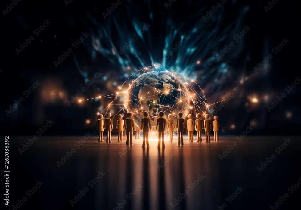 Aufkleber A group of figures faces a glowing globe with light connections, symbolizing global network and communication in a dark environment with light effects.