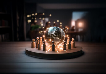 Glowing globe surrounded by wooden figures on a round platform with light trails, symbolizing global connection and digital network.