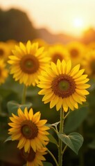 Naklejka premium Sunflowers swaying in the gentle evening breeze, warm, field
