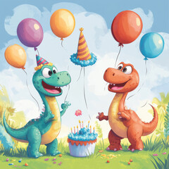 Fototapeta premium friendly cartoon dinosaurs birthday balloons broght colours birthday hat 