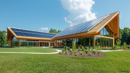 Obraz premium sustainable architecture passive design Modern eco-friendly building with solar panels and lush greenery.